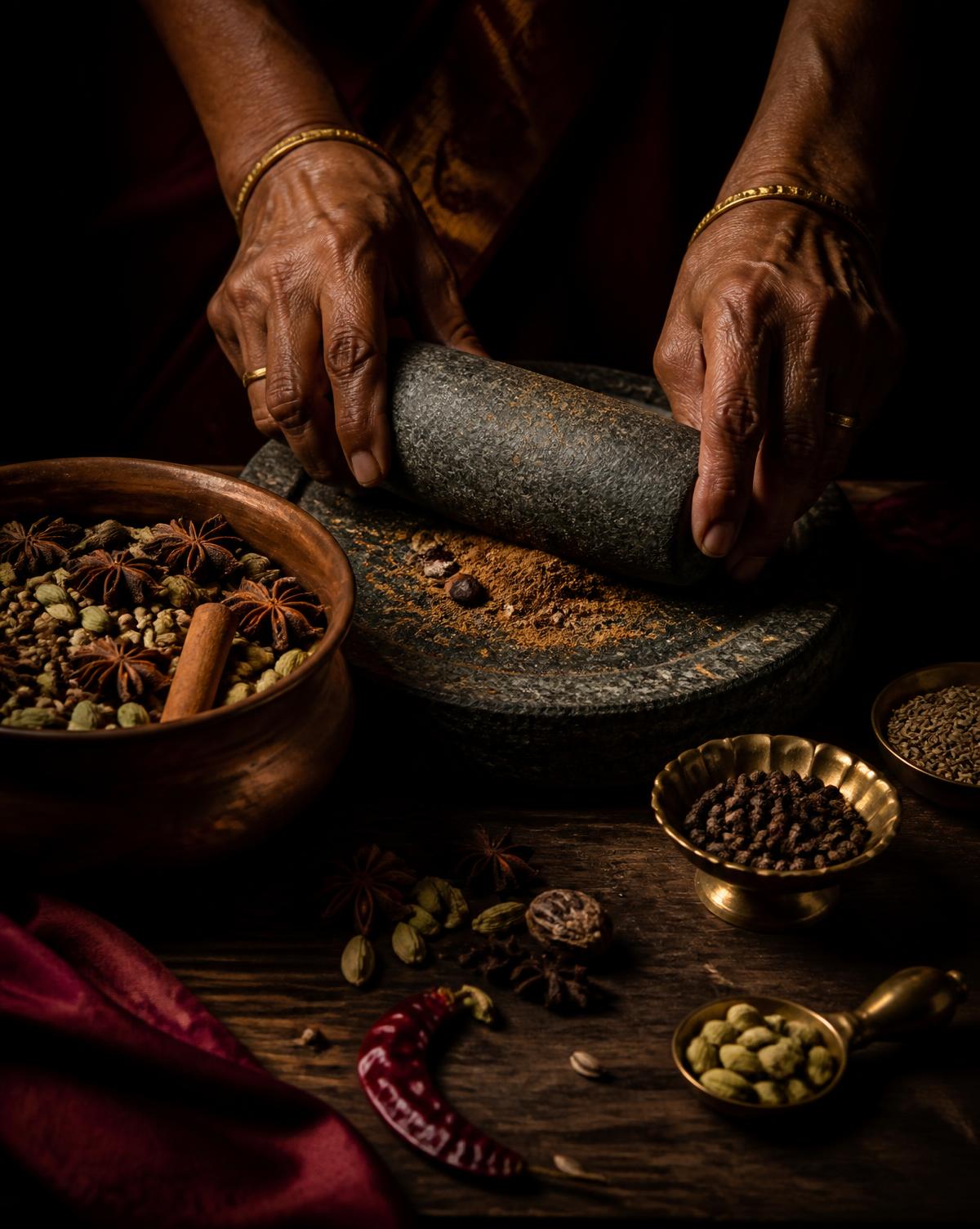 Hand grinding whole spices on a stone