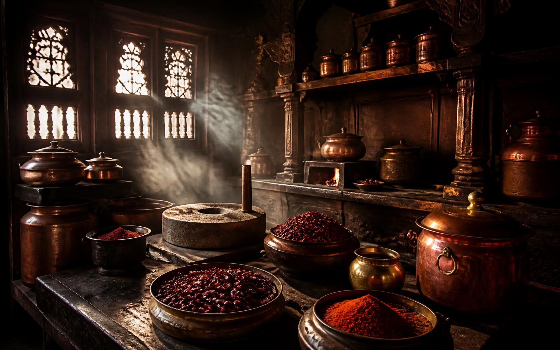 Sunlight entering a Maharashtrian palace kitchen with copper vessels and a stone grinder